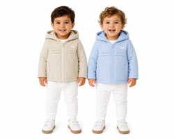 amore boys beige & blue hooded quilted jacket coat model standing side by side luxury childrenswear