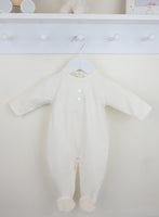 Traditional baby boys ivory long sleeved cotton sleepsuit by Pex with integrated feet for a boutique style finish