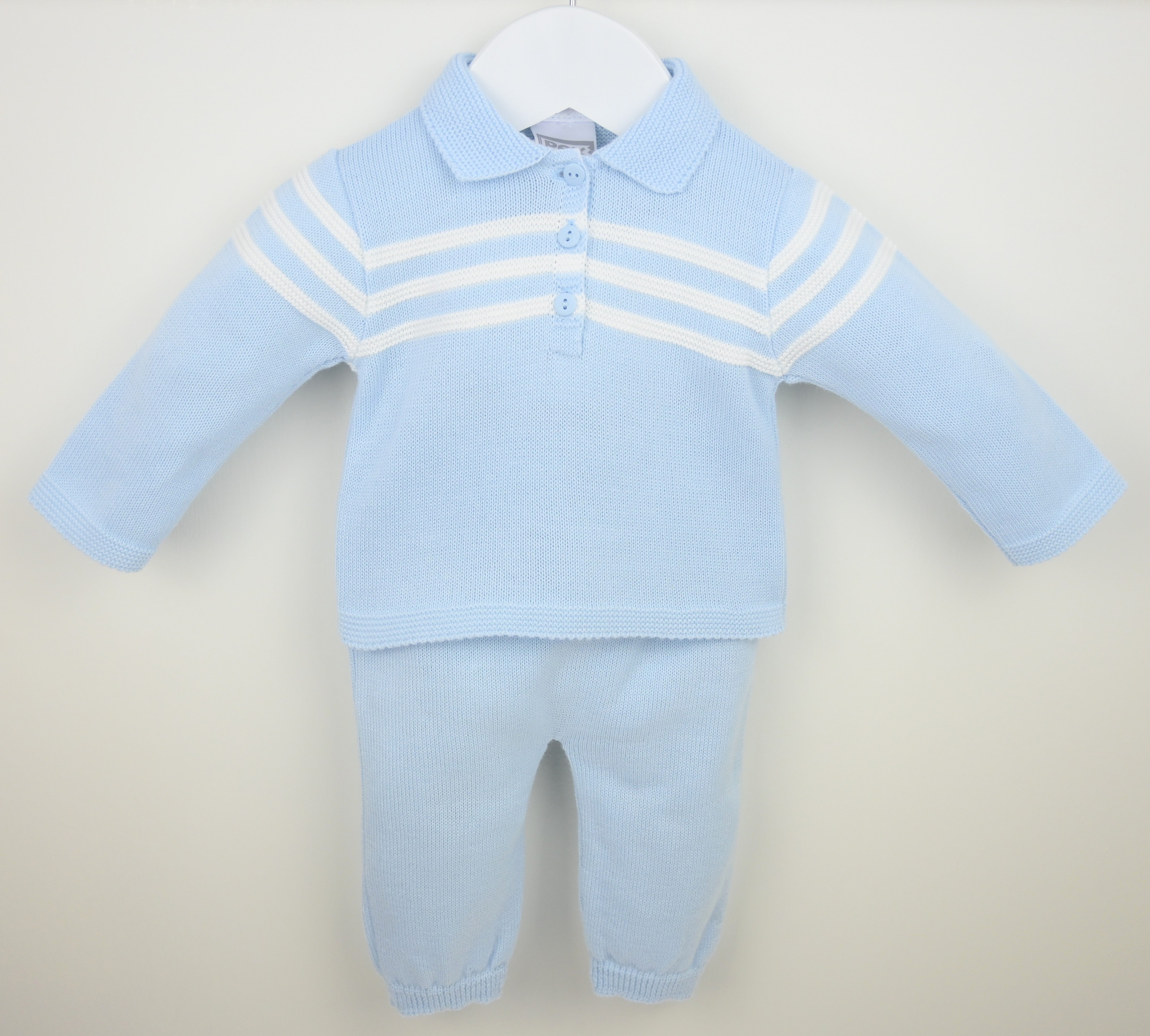 Boys pastel blue knitted Mateo two piece trouser suit by Pex British style traditional baby clothes at Kidz Emporium