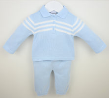 Boys pastel blue knitted Mateo two piece trouser suit by Pex British style traditional baby clothes at Kidz Emporium