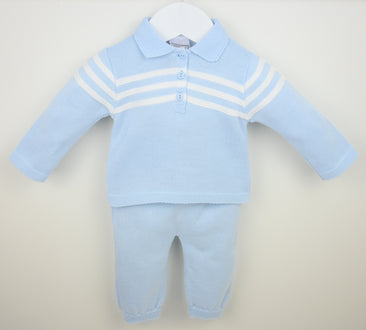 Boys pastel blue knitted Mateo two piece trouser suit by Pex British style traditional baby clothes at Kidz Emporium