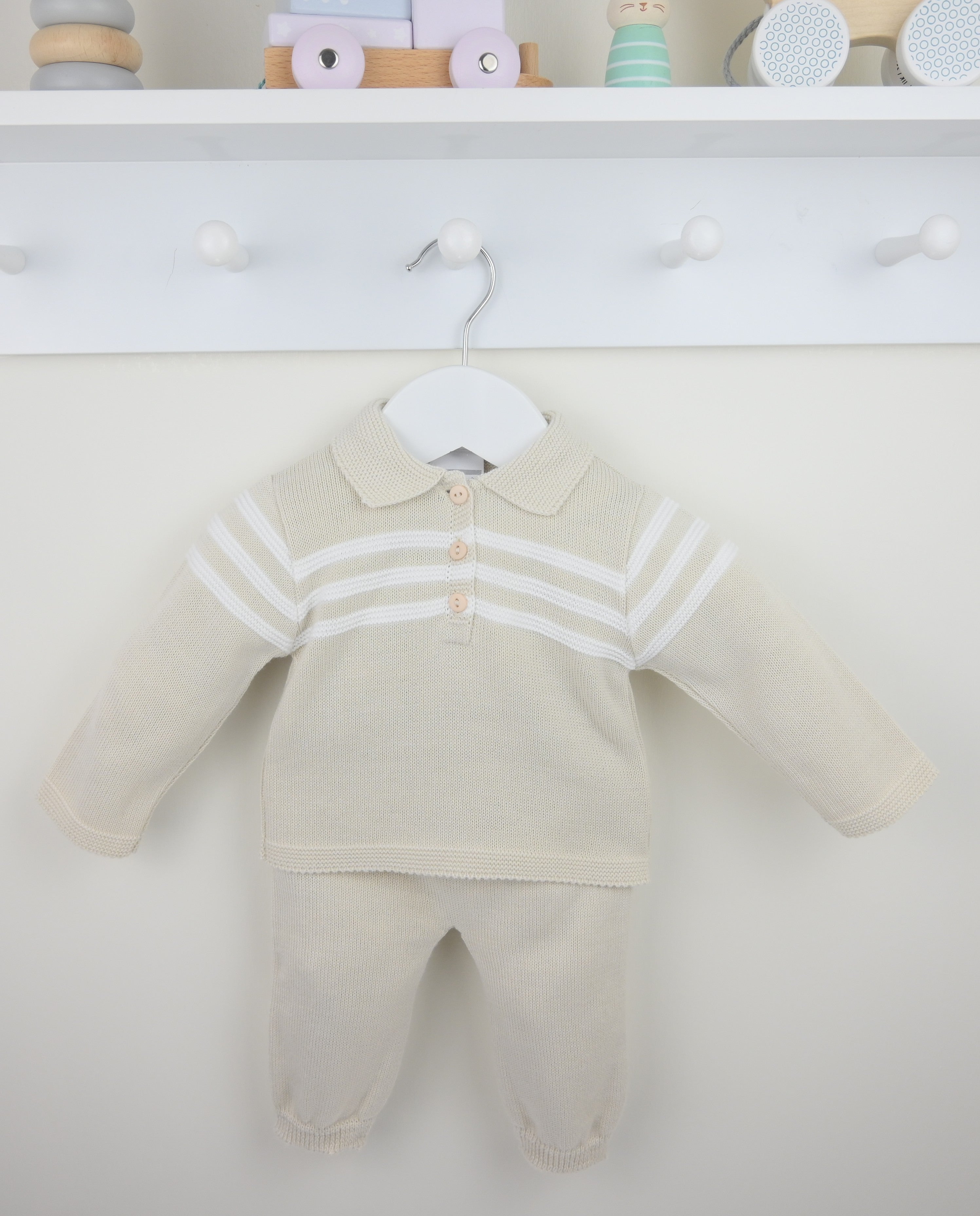 Pex Mateo boys natural knitted two piece suit featuring long sleeved polo top and matching trousers for a classic British look