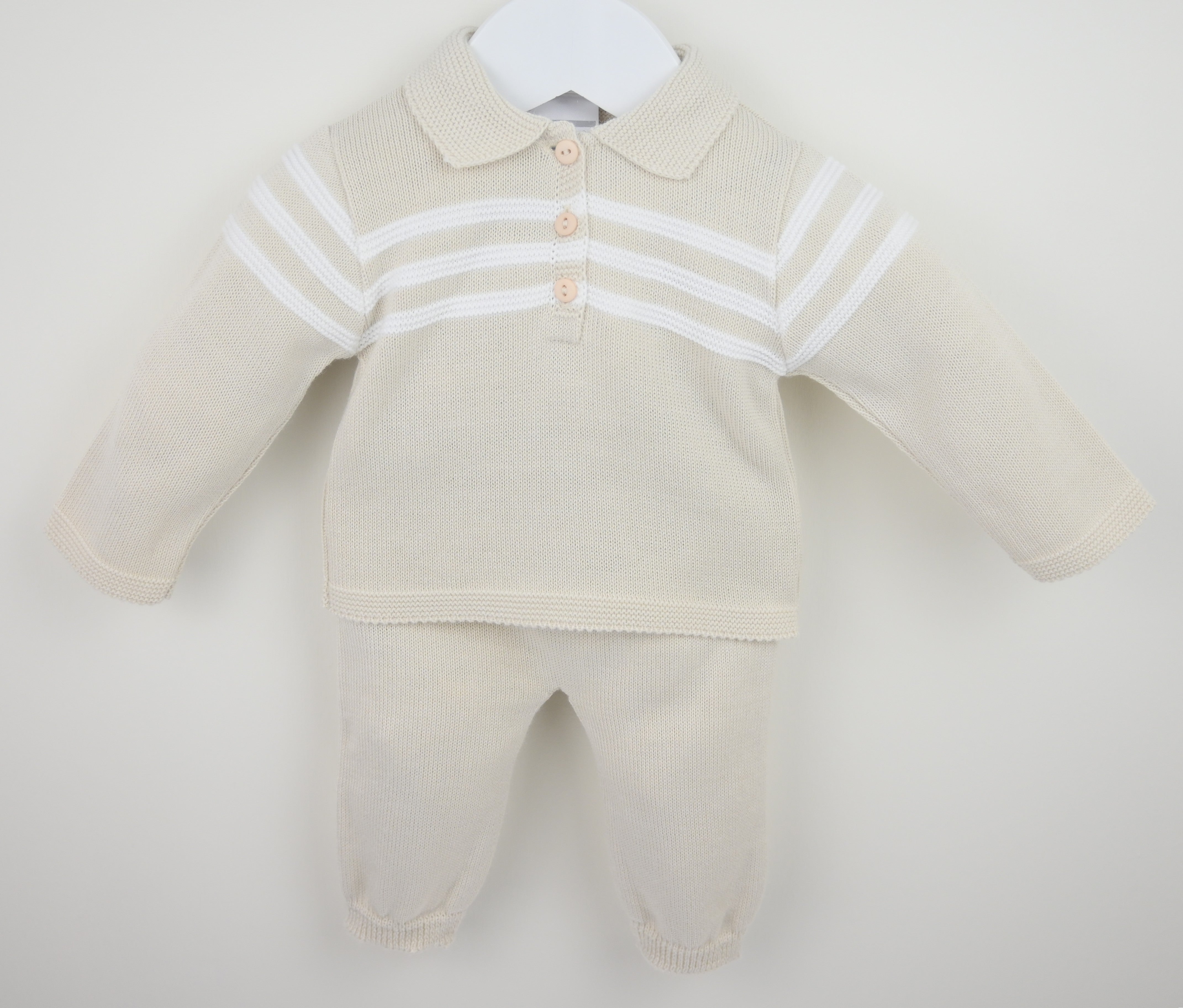 Boys natural knitted Mateo two piece trouser suit by Pex British style traditional baby clothes at Kidz Emporium