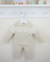 Pex Mateo boys natural knitted two piece suit featuring long sleeved polo top and matching trousers for a classic British look