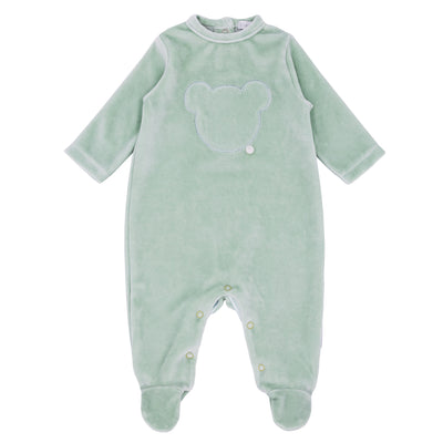 Made with soft velour fabric, this unisex baby sleepsuit from Blues Baby is the perfect choice for both baby boys and baby girls, it is available in sizes newborns, 1 month &amp; 3 month old babies. Featuring a cute teddy bear motif on the front and back, a round neck and easy push button fastening on the back. Available in multiple colours: pink, white, blue &amp; caramel.