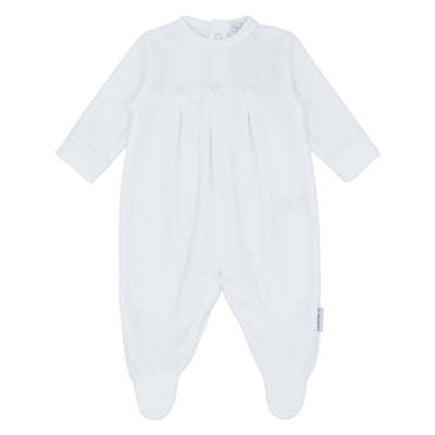 Blues Baby branded unisex baby white velour sleepsuit with contrast ribbed velour yoke. This outfit is perfect for either a baby boy or a baby girl, and is available in sizes 1 month and 3 month sizes.