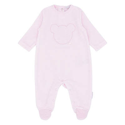 Blues Baby branded girls pink sleepsuit with teddy bear design. This baby girls sleeper has a teddy bear design to the front and also on the bottom, it has a round neck collar and is made a soft velour fabric. Available in sizes 1 month and 3 month.  Also available in White and Blue.