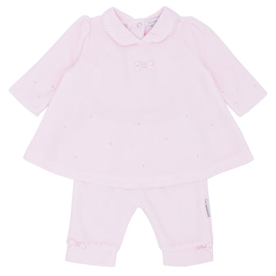 Blues Baby branded girls pink velour two piece legging set. This girls outfit comprises of a long tunic top with a small bow in the middle and matching leggings which have small bows on the ankles. Available in sizes 3 month up to 12 month.