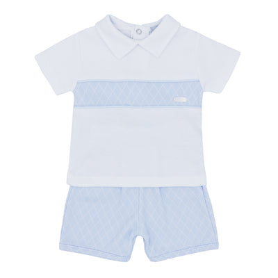 Crafted for boys who love to stay cool and fashionable during the summer, this Blues Baby branded two piece set includes a round neck white top with a stylish blue detail through the middle, and comfortable blue shorts. Available in sizes 3 months up to 24 months. Keep your little one looking trendy and comfortable all season long.