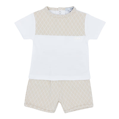 This Blues Baby branded boys two piece beige and white summer outfit is perfect for your little one. The round neck white top features a stylish beige detail across the middle, while the matching beige shorts add a touch of sophistication. Available in various sizes from 3 months to 24 months.