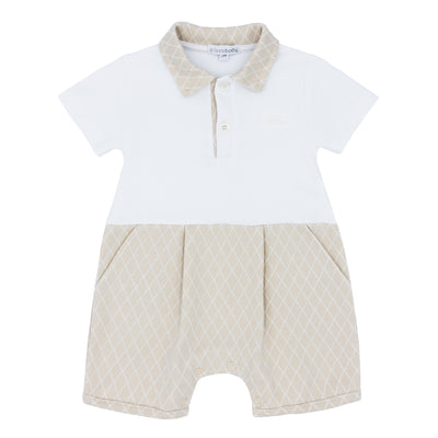 Introduce your little one to effortless comfort with our Blues Baby beige and white short sleeve romper. Made for the summer season, our Blues Baby branded romper for boys comes in sizes 1 month up to 12m. Keep your baby cool and stylish in this must-have piece.