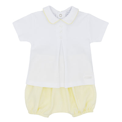 <p data-mce-fragment="1">Introduce your little boy to style with our Blues Baby branded lemon and white two piece set. The white top features a unique collar detail and yellow piping, while the lemon shorts offer comfort with an elasticated waistband. Available in sizes 1 month to 12 months. Perfect for spring and summer!</p>