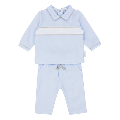 Dress your little boy in style with our classic boys blue top &amp; trouser Set. This two-piece set from our autumn winter collection features a collared long sleeve top with a striking white band and beige piping, along with comfortable elasticated waistband trousers. Available in sizes 3 months to 4 years, this set is perfect for matching with a big brother outfit.