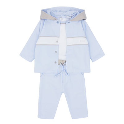 Complete your little boy's wardrobe with this stylish and versatile boys beige &amp; navy three piece hooded jogger set from the Blues Baby autumn winter collection. The set includes a beige hooded jacket with a white band going through the middle, a contrasting white t-shirt, and matching beige trousers. Available in sizes 3 months to 4 years old.
