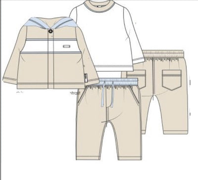 Complete your little boy's wardrobe with this stylish and versatile boys beige &amp; navy three piece hooded jogger set from the Blues Baby autumn winter collection. The set includes a beige hooded jacket with a white band going through the middle, a contrasting white t-shirt, and matching beige trousers. Available in sizes 3 months to 4 years old.