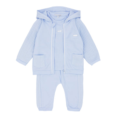 Introducing the Blues Baby branded boys blue cable design three piece track suit. The perfect addition to any little boy's autumn/winter wardrobe. This set comes with a hooded zip up jacket, top, and joggers all featuring a stylish cable design. Available in sizes 3 months to 4 years old.