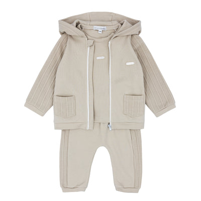 Introducing our new season arrival for boys - the beige cable three piece tracksuit! Designed for the autumn winter season, this tracksuit includes a hooded zip up jacket, top, and joggers, all featuring a stylish cable design. With pockets on the jacket and sizes ranging from 3 months to 4 years, it's perfect for matching little brothers and big brothers. Stay warm and stylish this season with our tracksuit.