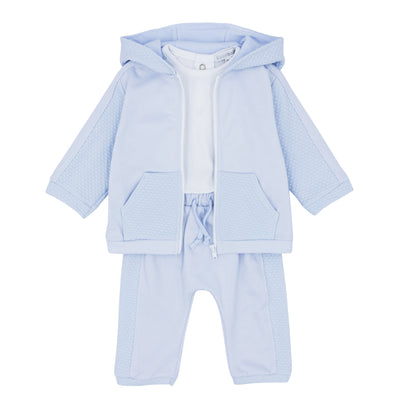 Stay cosy and stylish with our Blues Baby branded boys blue three piece hooded tracksuit. Perfect for the autumn winter collection, this outfit features a hooded jacket with zip fastening and front pockets, along with a comfortable white t-shirt and blue joggers. Available in sizes from 3 months to 4 years.