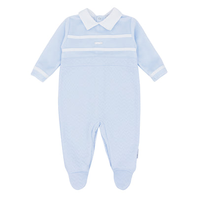 This Blues Baby branded boys blue all-in-one sleepsuit features a white collar and white stripe detailing on the chest and cuffs. Available in newborn, 1 month and 3 month sizes. Keep your little one comfortably and stylishly dressed.