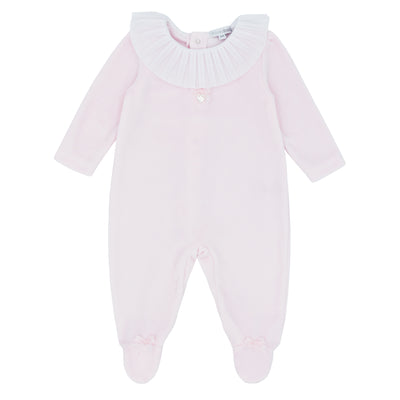 This Blues Baby all in one is part of their autumn winter collection and features a large white frill collar detail. Soft velour fabric provides warmth and comfort for your baby girl, available in sizes newborn, 1 month, and 3 months. Perfect for keeping your little one snuggled up this season.