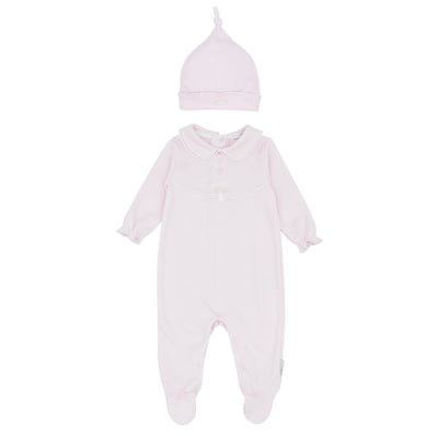 This baby girls pink all in one with hat is the perfect addition to your little one's spring and summer wardrobe. The Blues Baby brand guarantees quality and style with its pastel pink colour, long ruffled sleeves, and a smart small collar design. It comes with a hat to match. Available in sizes newborn and 3 month.