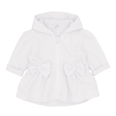 This girls hooded white lightweight summer jacket is a must-have for little girls. It features a cute bow design and a convenient zip fastening. Made by Blues Baby, it is available in sizes from 3 months up to 24 months. Keep your little one stylish and comfortable this summer!