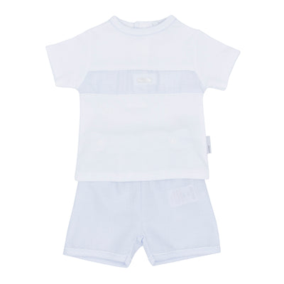 Introducing our new spring/summer collection, the boys blue &amp; white T-shirt and shorts set! This Blues Baby branded two-piece set features a crisp white t-shirt accented with a stylish blue band across the chest, perfectly paired with matching blue shorts. Available in sizes 3 months to 4 years, this set is an ideal choice for coordinating siblings' outfits.