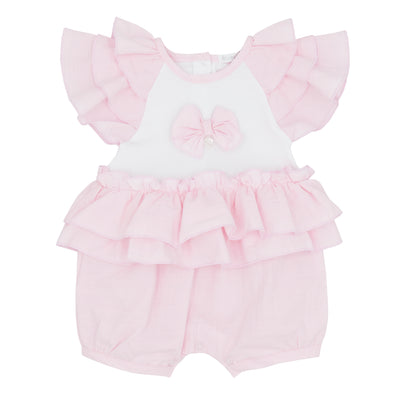 This new arrival girls pink &amp; white short sleeve frilly romper by Blues Baby is perfect for your little one. The frilly design on the sleeves and waistband, with a cute bow on the front, adds a touch of sweetness to the romper. Available in sizes 3-9 months.