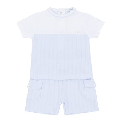 Introducing our new blue &amp; white two piece top and shorts set for boys from our spring summer collection! Branded by Blues Baby, this set includes a round neck t-shirt and cargo style shorts. Available in sizes ranging from 3 months to 4 years old, it's perfect for matching little brother with big brother. Get yours now and elevate your kid's style game!