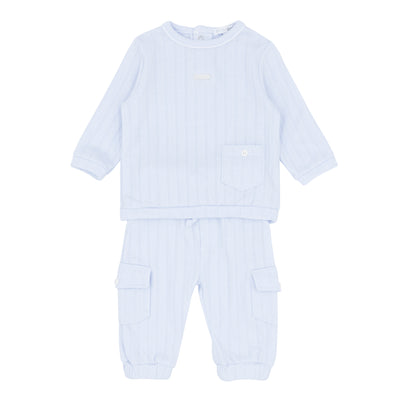 Introduce your little guy to style and comfort with our boys blue two piece top &amp; cargo style jogger set. This Blues Baby branded outfit features a front pocket design on the long sleeve top and an elasticated waistband for the cargo style joggers. Perfect for matching siblings and available in sizes 3 months to 4 years. New for our spring summer collection.