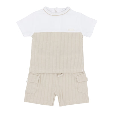 Discover our latest two-piece top and cargo shorts set for boys in beige and white from our spring summer collection. Crafted by Blues Baby, this set features a round neck t-shirt and cargo style shorts, available in sizes 3 months to 4 years. Perfect for coordinating siblings, elevate your kid's style with this must-have set. Don't wait, get yours now!