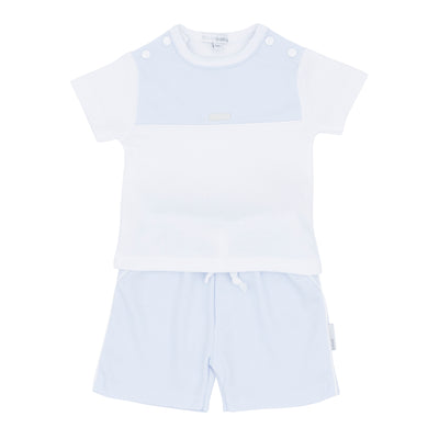 Discover the perfect matching set for little and big brother with our new arrival of boys blue &amp; white two piece top and shorts set from Blues Baby's spring summer collection. The round neck short sleeve white t-shirt features a blue box design and buttons on the shoulder, while the blues shorts have a sleek white piping design on the sides, pockets, and elasticated waistband. Available in sizes 3 months to 4 years.