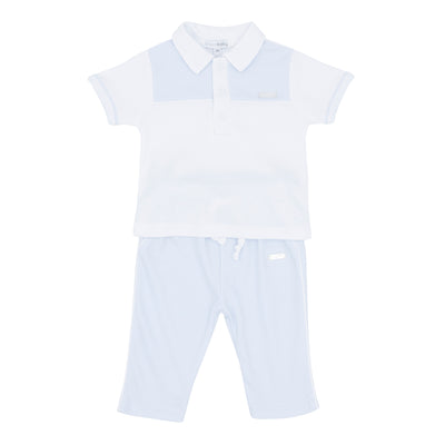 Ideal for any occasion, this boys' blue and white polo shirt and trouser set offers both comfort and style. The short-sleeve polo shirt features a unique blue box design and button fastening collar, while the blue trousers offer a touch of sophistication with white piping detail and elasticated waistband. Available in sizes for 3 months up to 4 year olds. Perfect little outfit if your looking to match little brother with big brother.