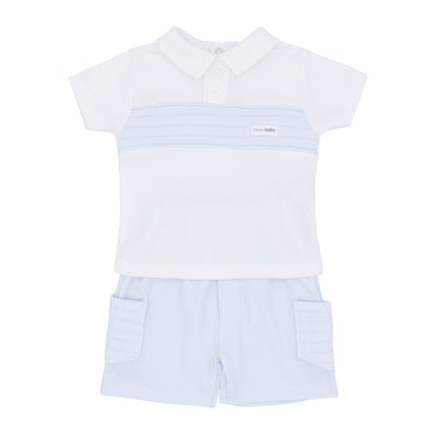 Introducing our new season arrival from Blues Baby - the boys blue &amp; white polo shirt and cargo shorts set. This two-piece set includes a smart white polo neck shirt with a blue stripe design and a comfortable elasticated waistband blue cargo-style shorts with pockets. Available in sizes 3 months up to 4 years, it's the perfect matching outfit for brothers.