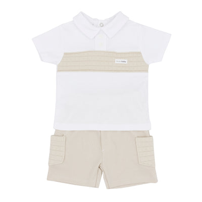 The latest addition to our collection from Blues Baby is here - the boys beige and white polo shirt and cargo shorts set. This two piece outfit features a stylish white polo shirt with a beige striped pattern, and a pair of comfortable beige cargo-style shorts with an elastic waistband and pockets. Available in sizes 3 months to 4 years, it's the ideal coordinating outfit for siblings.