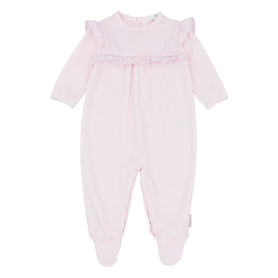 Introducing the Blues Baby branded baby girls frilly pink all in one sleeper. Keep your little one comfortable and stylish with this classic round neck collar design, featuring frills on the shoulders and chest for a cute touch. The long sleeves and push button fastening on the reverse make it easy to dress your baby. Available in newborn and 3 month sizes.