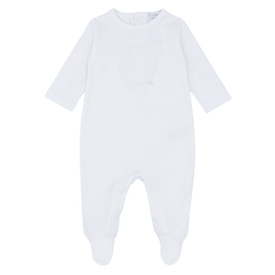 This unisex baby sleep suit/babygrow from Blues Baby features a charming bear appliqué on both the front and back, and is available in newborn, 1m, and 3m sizes. The white colour makes it versatile for both baby boys and girls, making it an ideal gift for a baby shower. Made from 100% cotton, it also boasts a convenient push button fastening on the round neck collar.