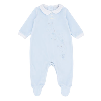 Boys’ blue velour all in one with chest detail, Blues Baby Autumn Winter baby outfit