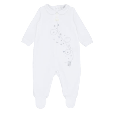 Unisex baby white velour all in one with collar and cuffs, Blues Baby Autumn Winter outfit