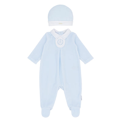 Boys’ blue velour all in one with embroidered B, Blues Baby Autumn Winter baby outfit