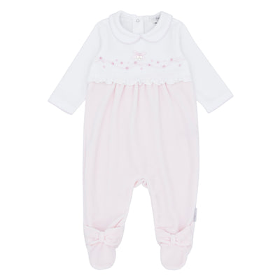 Baby girls’ pink velour all in one with white embroidered chest panel and bow, Blues Baby AW outfit