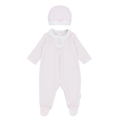 Baby girls’ pink velour all in one with white chest panel and G embroidery, Blues Baby AW outfit
