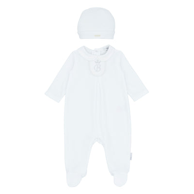 Baby boys and girls white velour all in one with B embroidery, Blues Baby Autumn Winter outfit