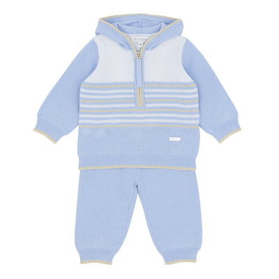 Boys’ blue, white and beige striped knitted hoodie set, Blues Baby Autumn Winter outfit