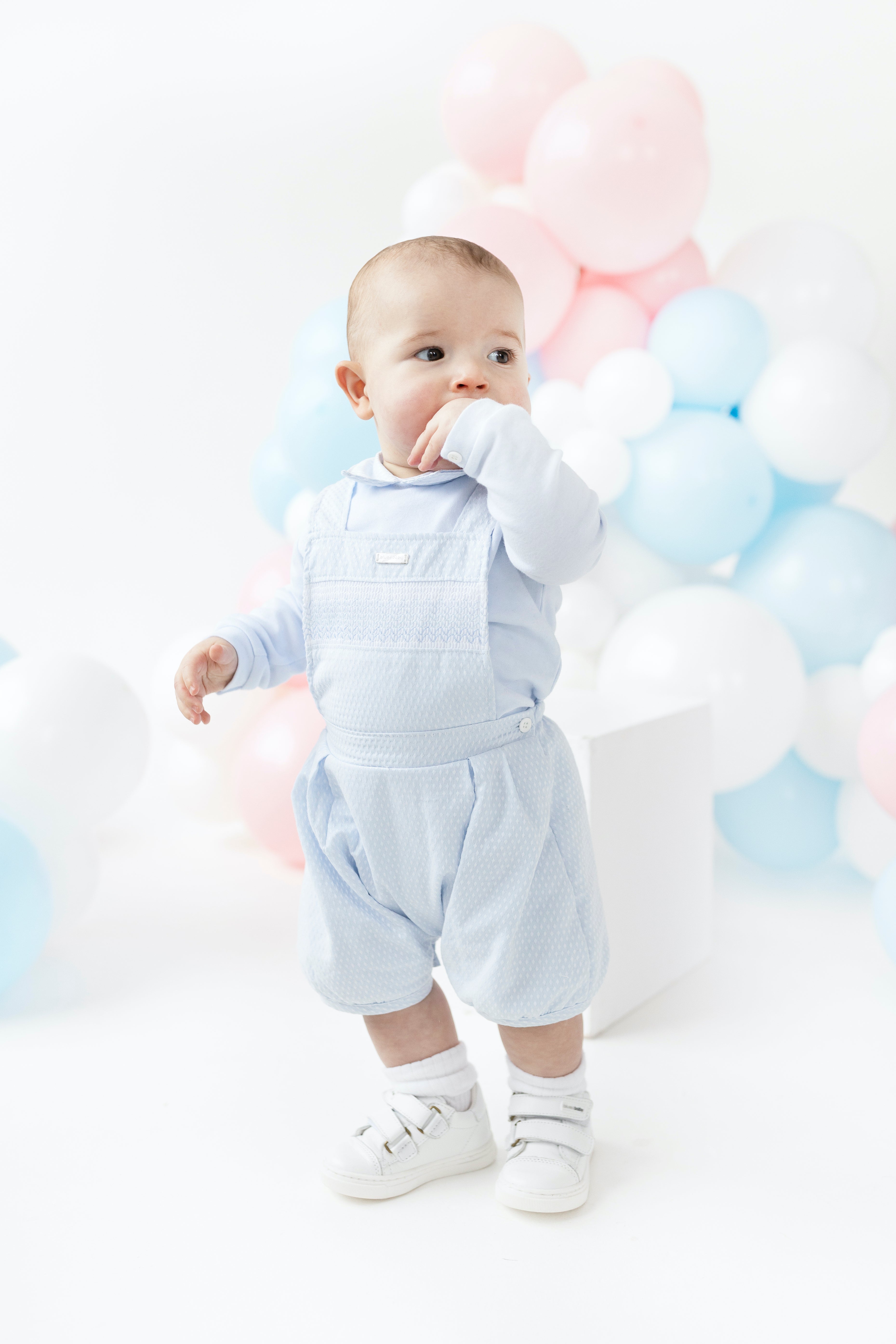 Boys’ blue dungarees with smocking and long sleeve collar top, boutique Blues Baby