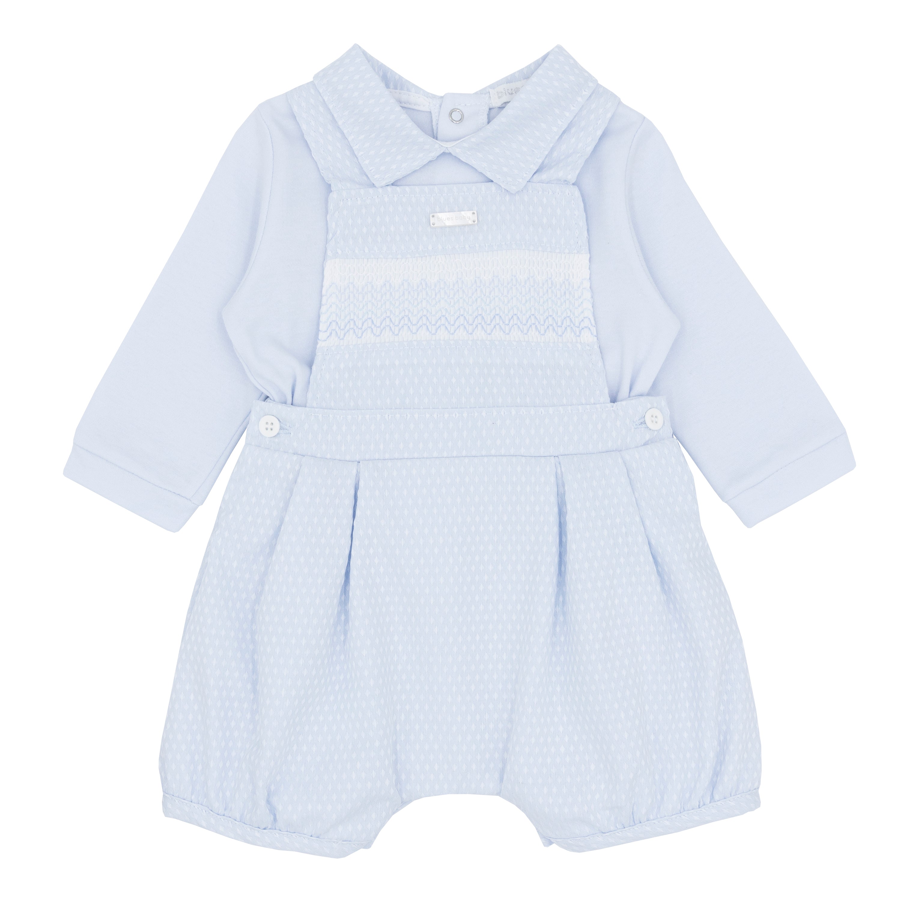 Baby boys’ blue bloomer dungaree set with smocked detail, Blues Baby Autumn Winter outfit