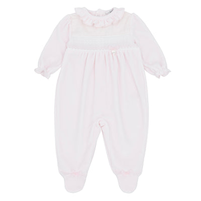 Baby girls’ pink all in one with smocked chest, bow and frilly collar, Blues Baby AW outfit