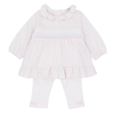 Girls’ pink tunic and legging set with smocked chest and frill collar, Blues Baby AW outfit