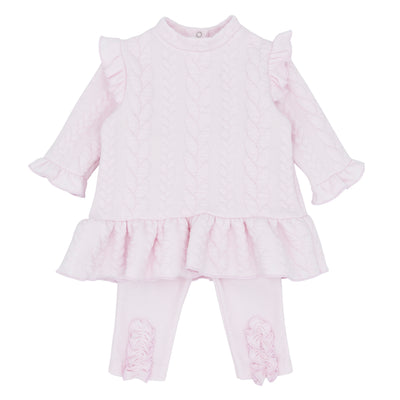 Girls’ pink aran cable tunic and legging set with frill shoulders, cuffs, and ankle trim, Blues Baby AW outfit