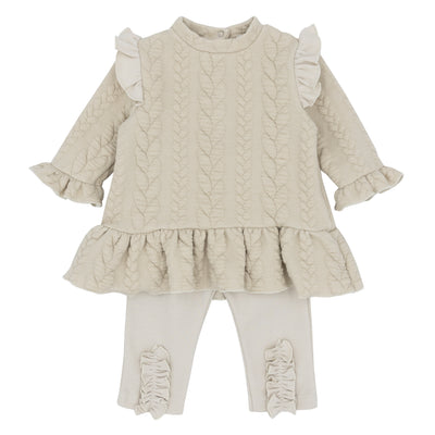 Girls’ beige aran cable tunic and legging set with frill shoulders, cuffs, and ankle trims, Blues Baby AW outfit